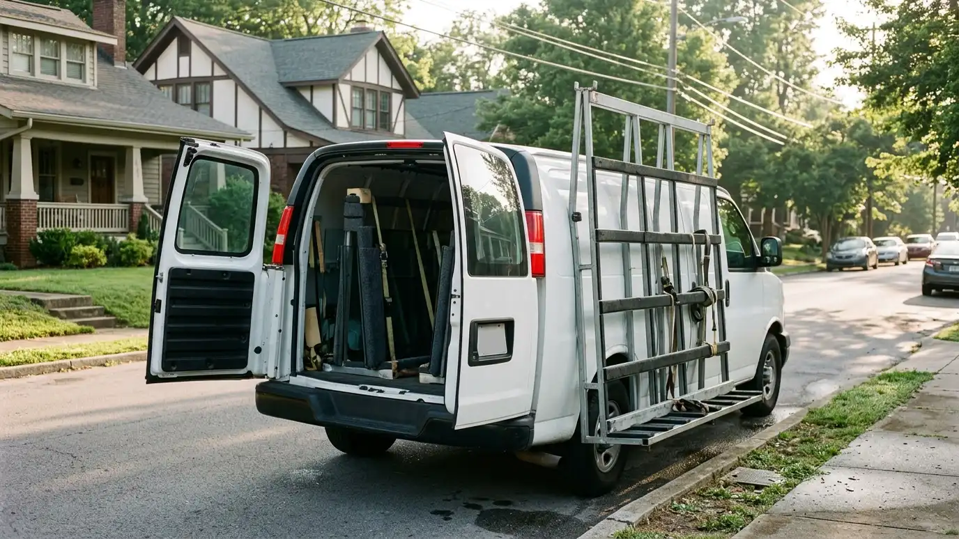 Music City Glass A plain white work van with an A-frame glass rack parked on a neighborhood street with its rear doors open to reveal padded glass panels