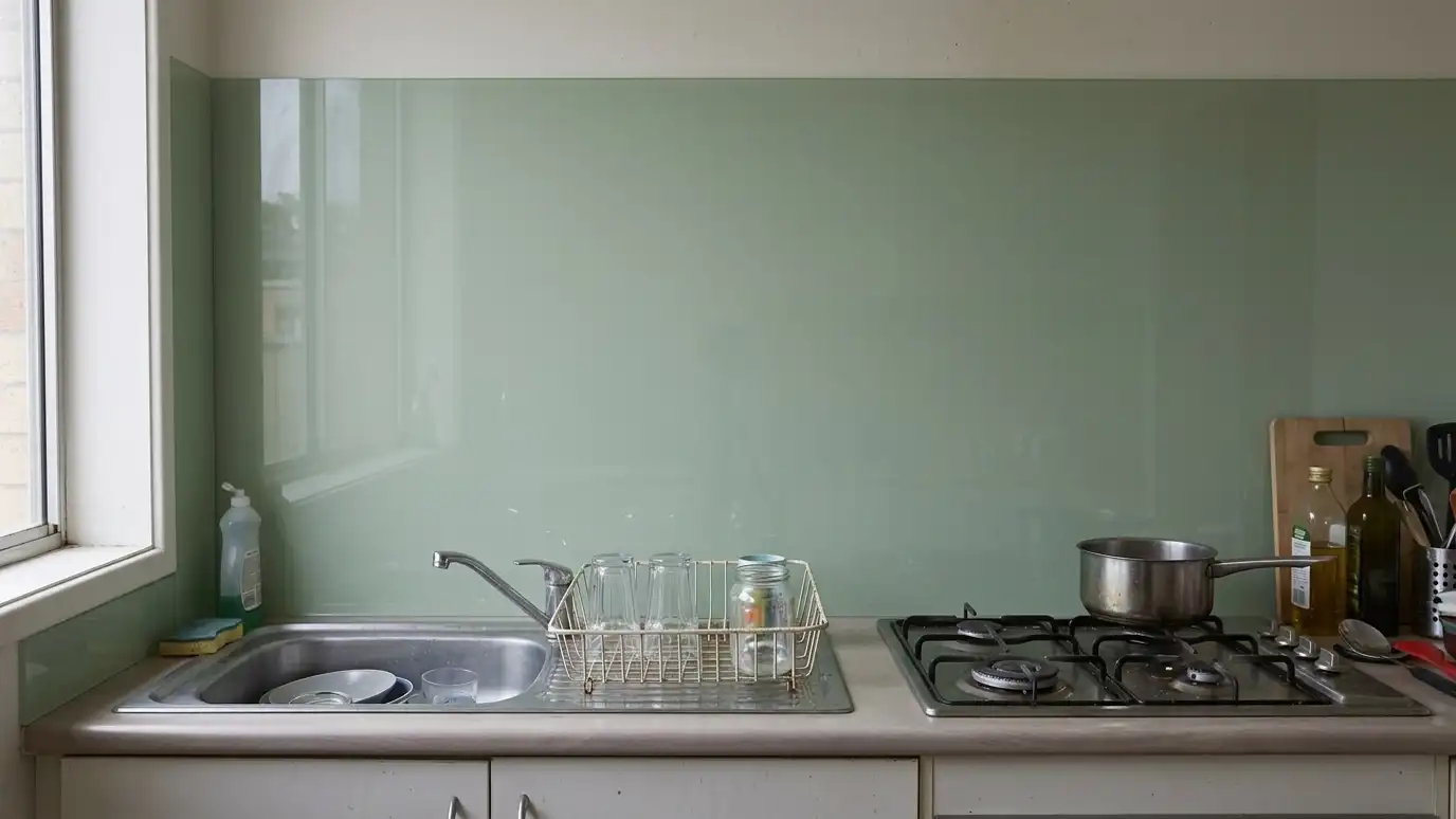 After: A bare kitchen wall given a glass backsplash | Music City Glass After: a kitchen wall with a sleek back-painted glass backsplash in soft sage green