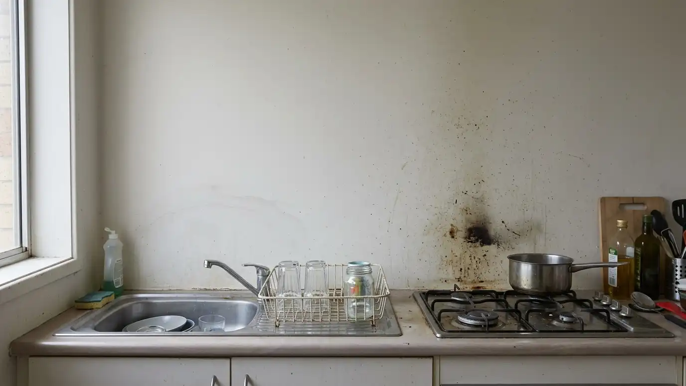 Before: a kitchen wall with a bare painted wall with grease marks behind the cooktop