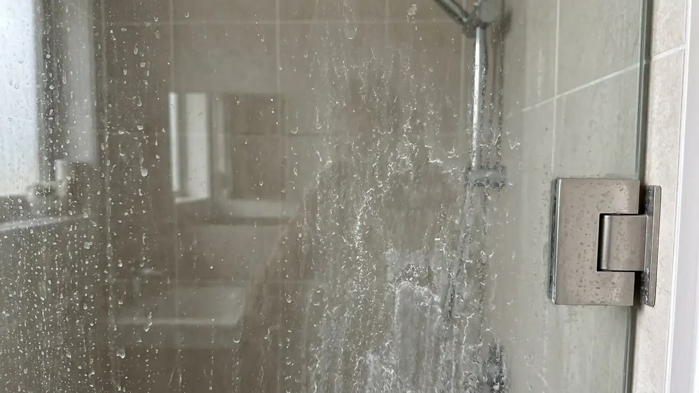 Before: a shower door with glass covered in hard water spots and a cloudy film