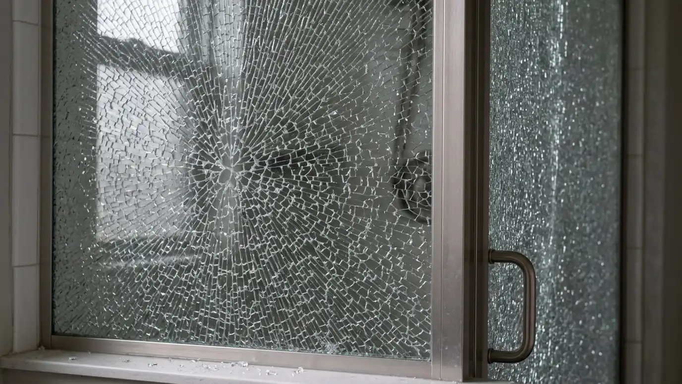 Before: a shower with a tempered glass door with a spiderweb of cracks across the panel