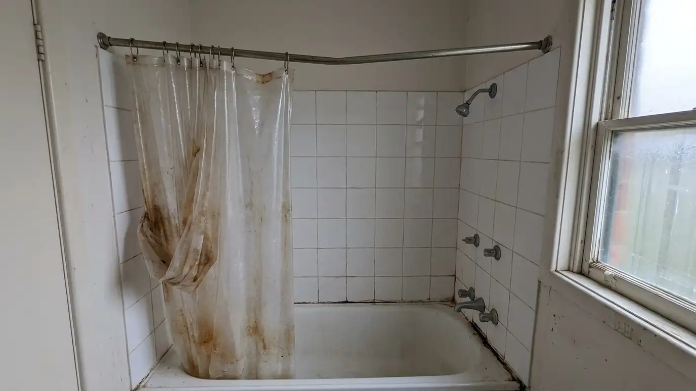 Before: a tub and shower with a stained plastic curtain on a bent rod