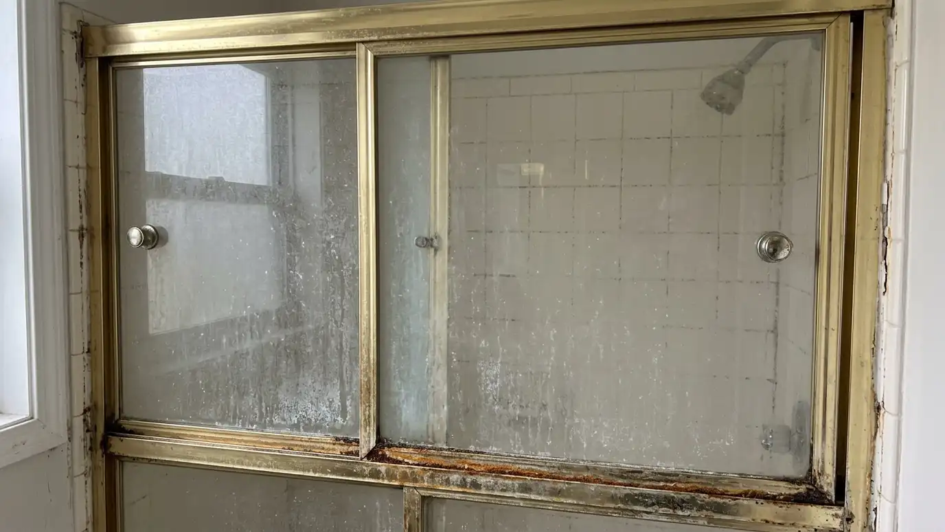 Before: a shower with a gold-tone framed sliding door with soap scum and a rusty track