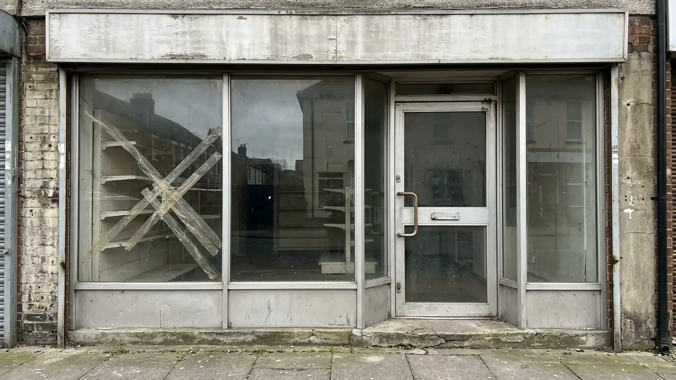 Before: a small storefront with scuffed frames, a cracked pane taped over and a dull entrance door