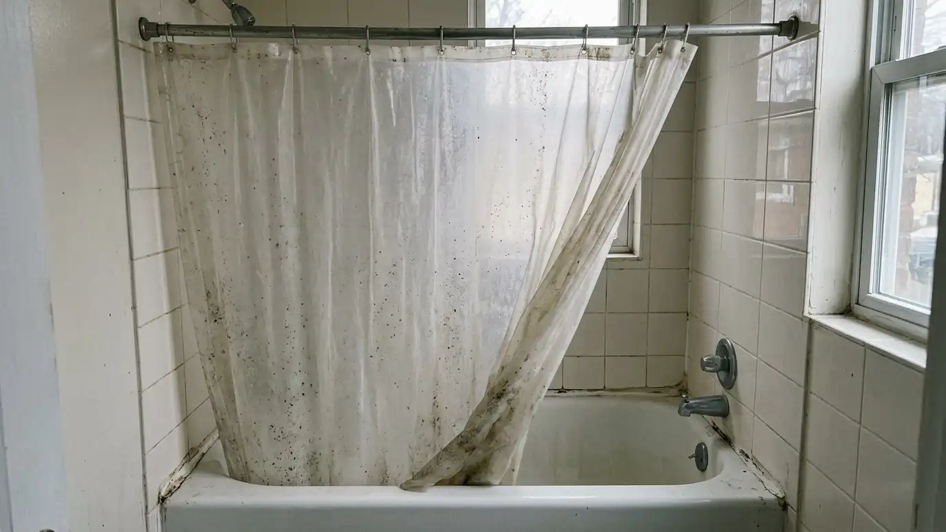 Before: a bathtub with a mildewed vinyl curtain on a tension rod