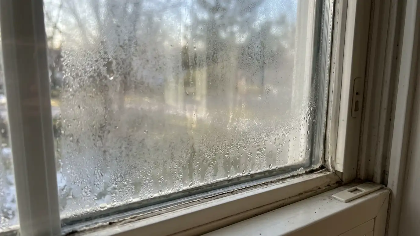 Before: a home window with double-pane glass with moisture trapped between the panes