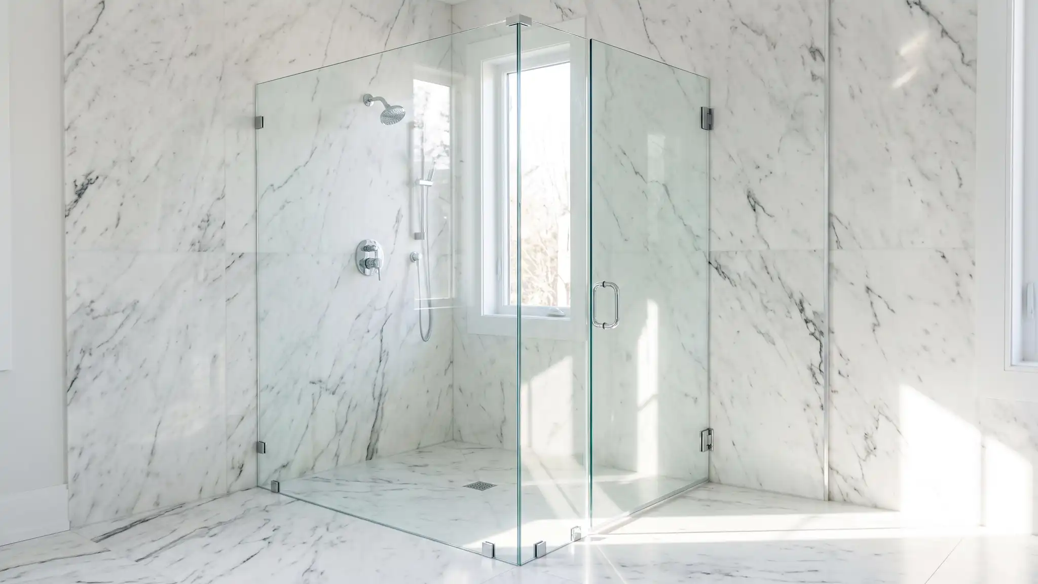 A frameless corner glass shower enclosure with two meeting panels and polished chrome clamps against white marble walls and a marble floor