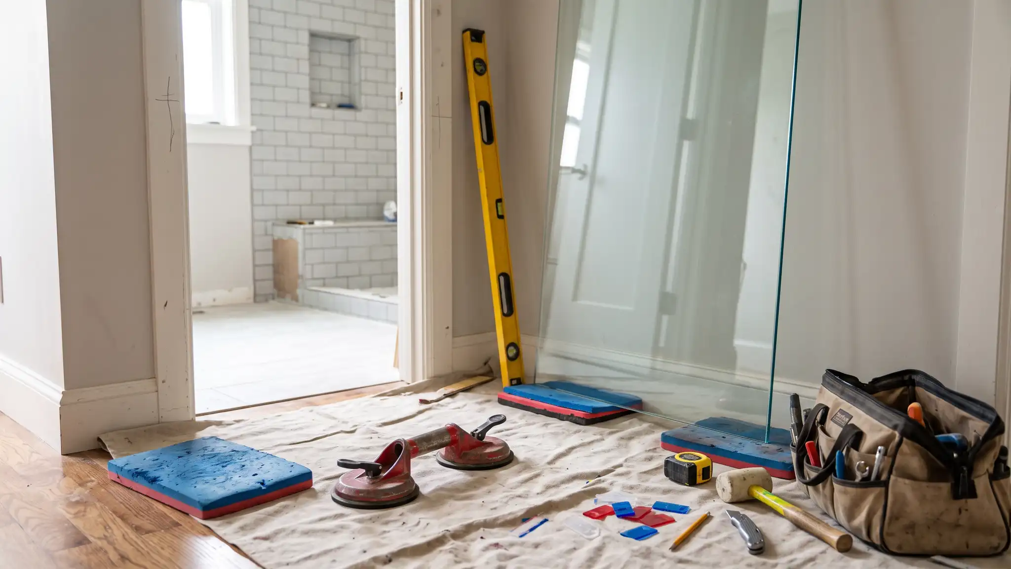 A large clear tempered glass panel upright on padded blocks beside suction lifters, a level, shims and a tape measure at a bathroom doorway