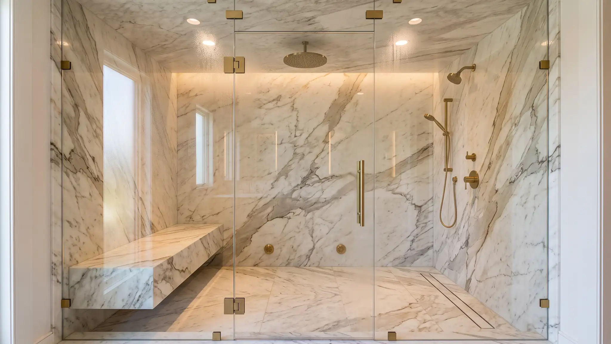A luxurious steam shower with a ceiling-height frameless glass enclosure, veined marble walls, a built-in bench and brushed brass hardware