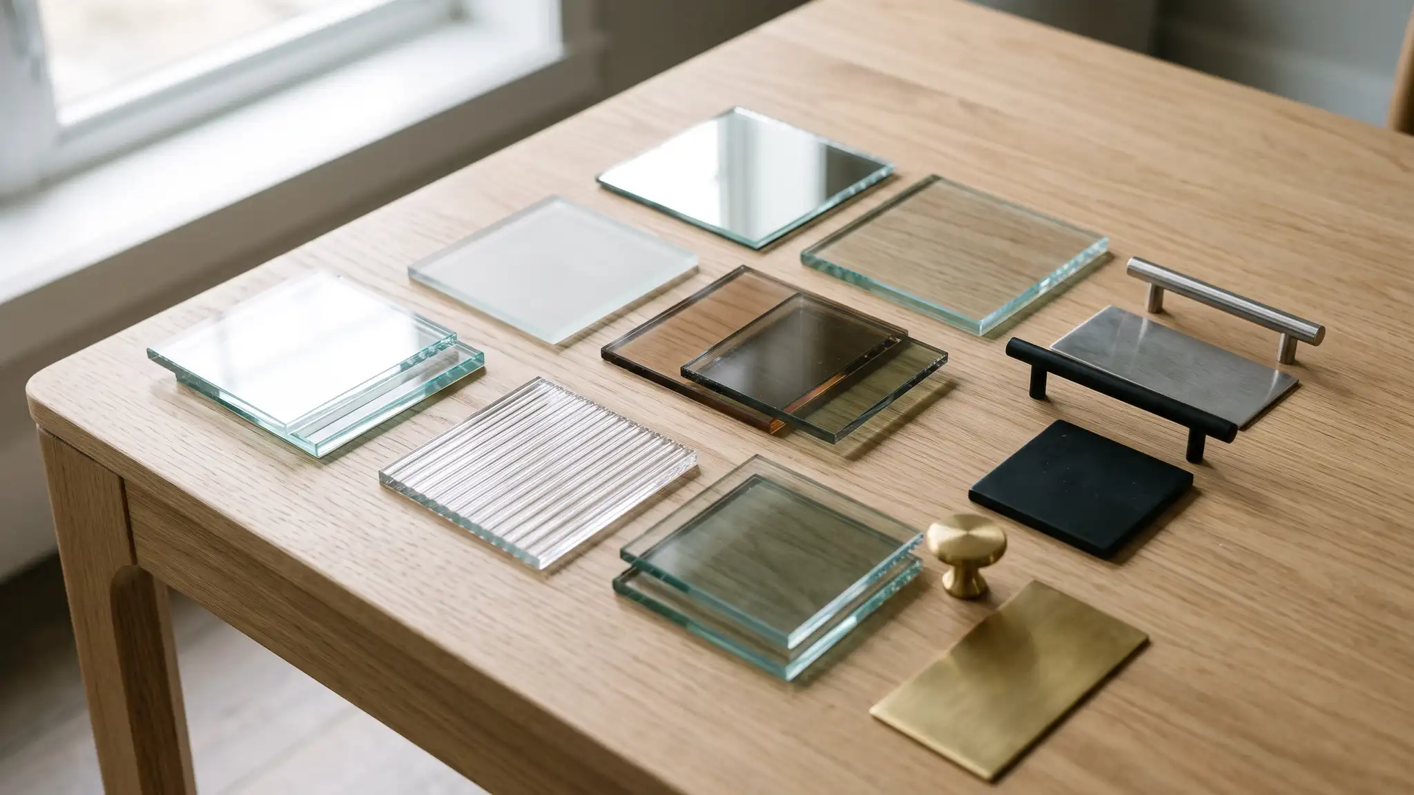 A table with clear, frosted and reeded glass samples, a mirror sample and chrome, matte black and brass hardware swatches