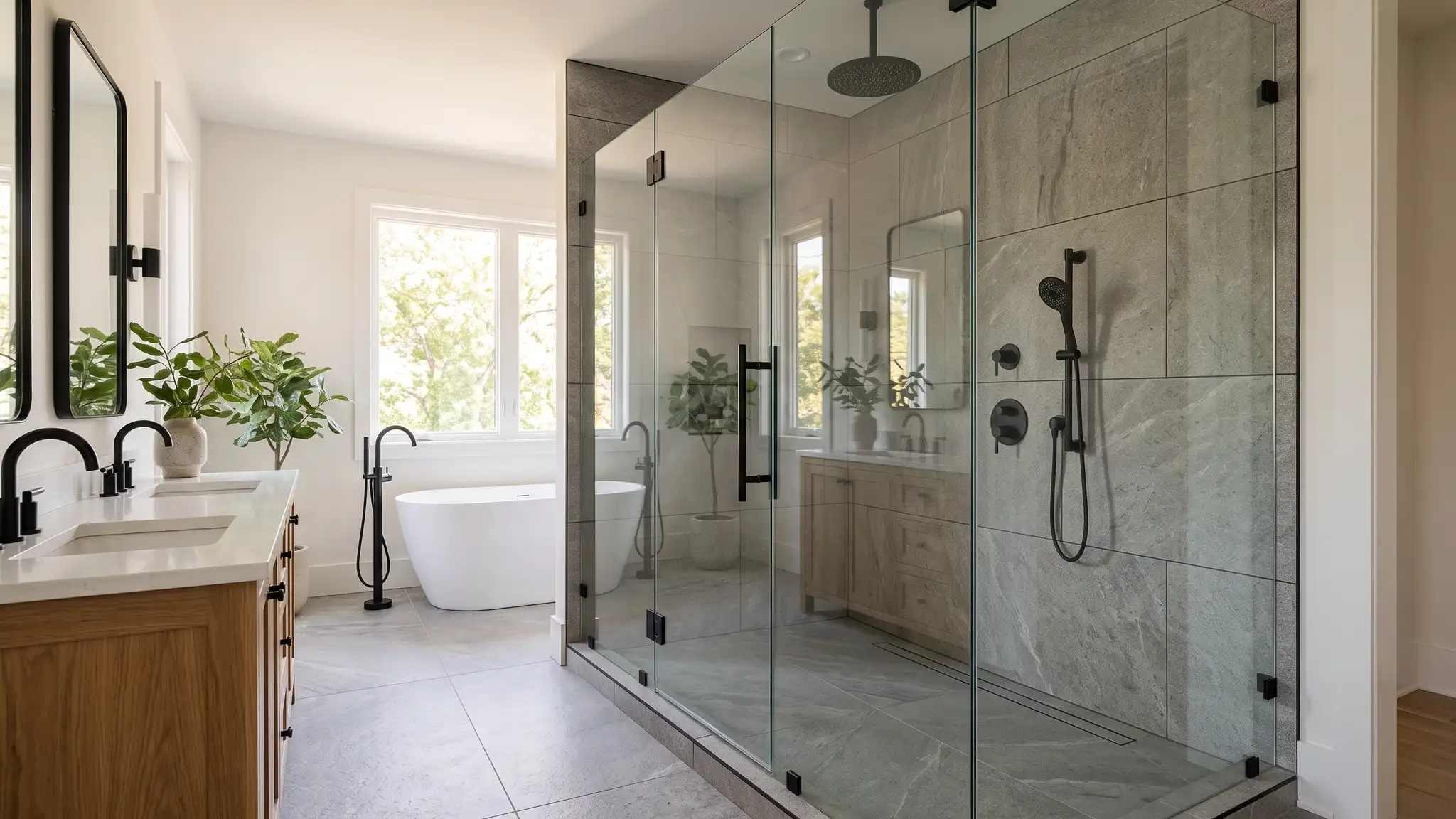 A contemporary Nashville bathroom with a floor-to-ceiling frameless glass shower enclosure, large gray stone tile, matte black hardware and a rain showerhead