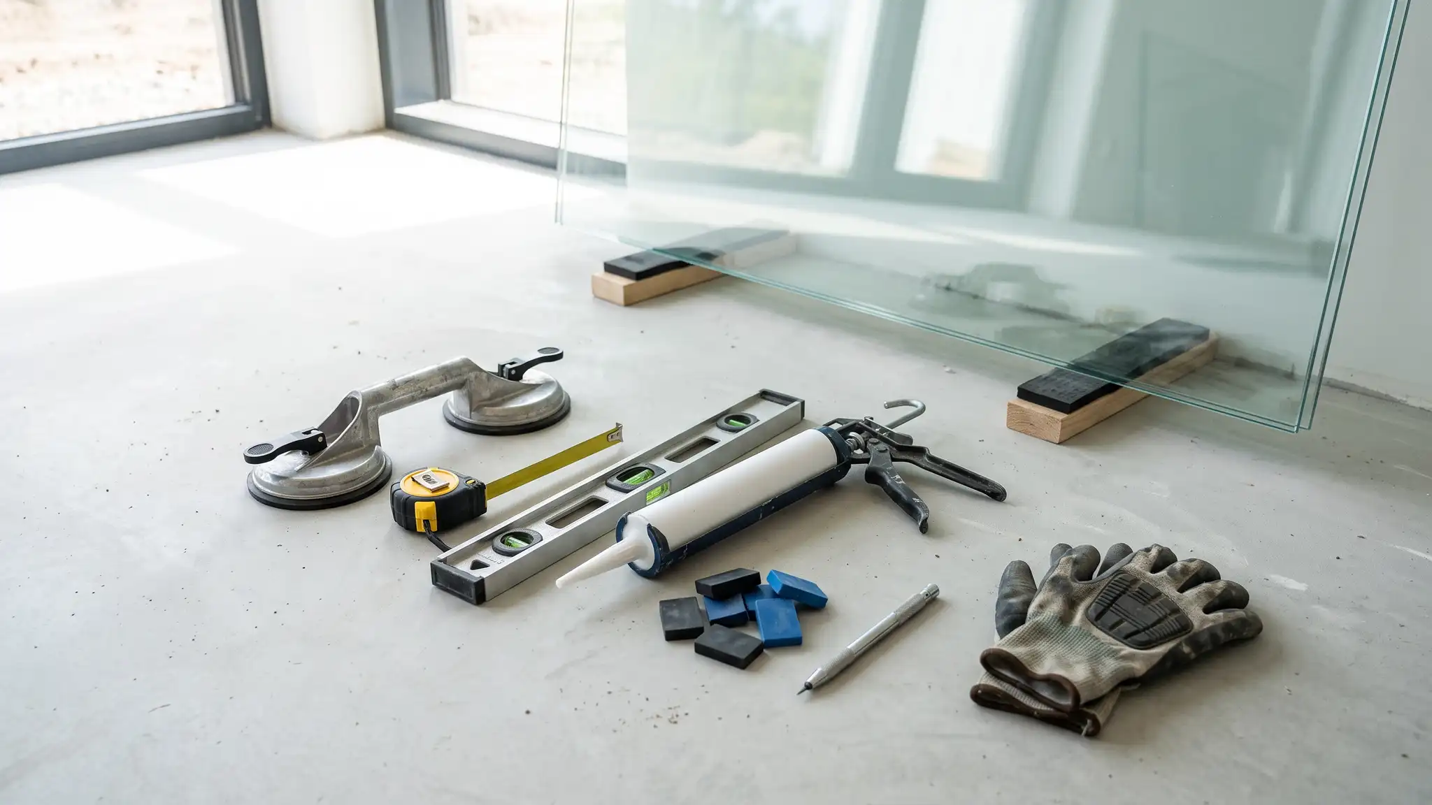 Glass installation tools on a clean floor including suction lifters, a tape measure, a level, setting blocks, a caulk gun and work gloves