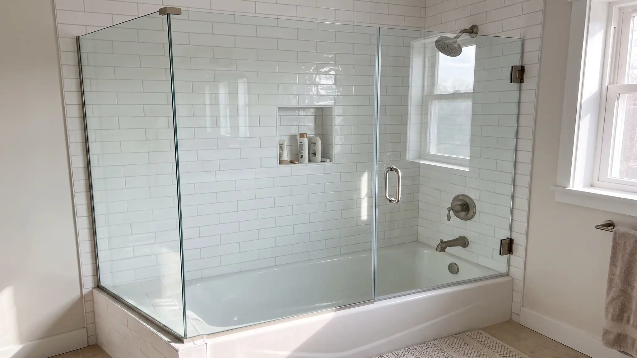A bright bathroom with a frameless glass tub and shower enclosure with a fixed panel and a swinging door, white subway tile and brushed nickel hardware