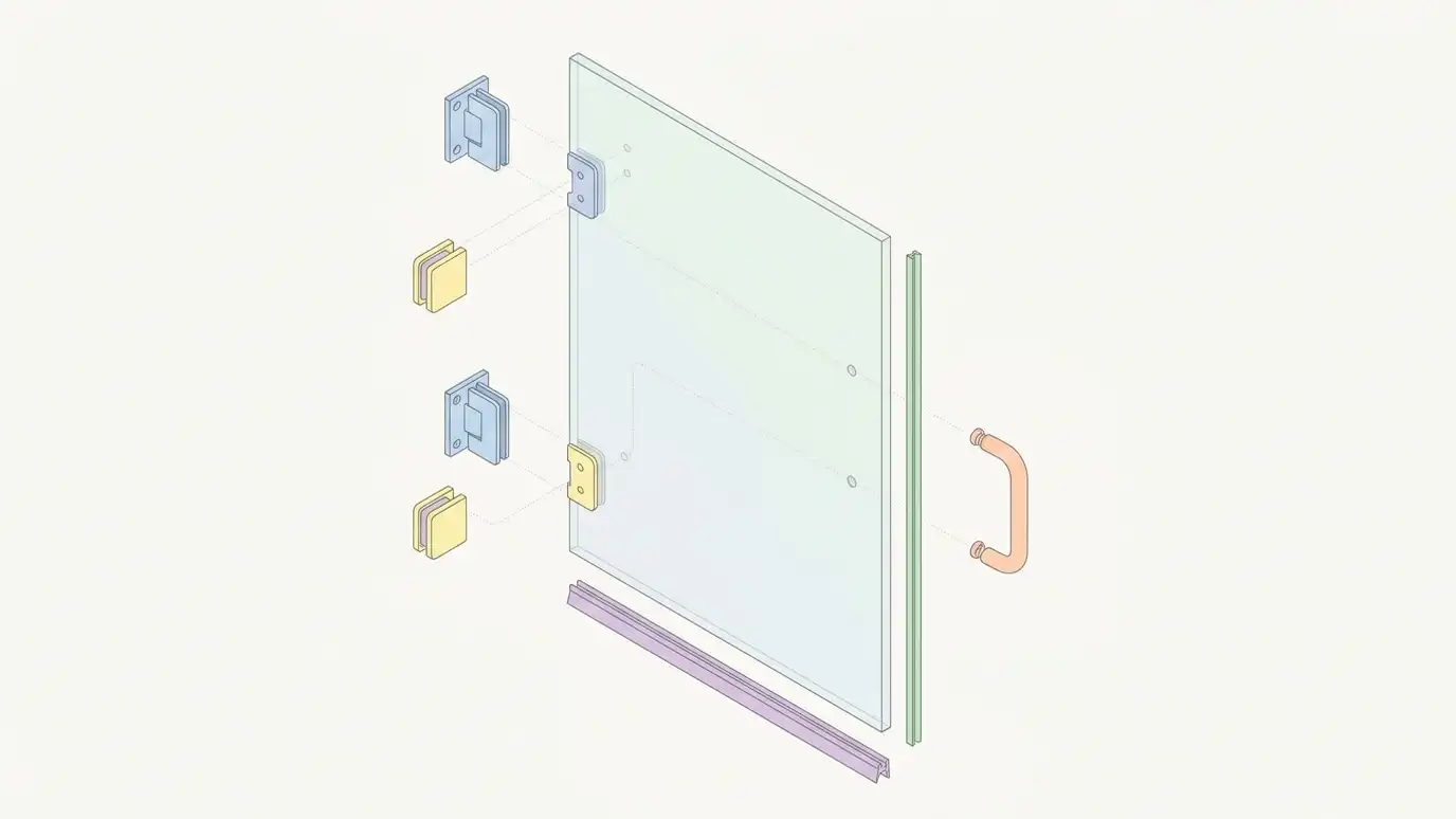 A clean illustrated exploded diagram of a frameless glass shower door showing the glass panel, hinges, clamps, handle, sweep and seal