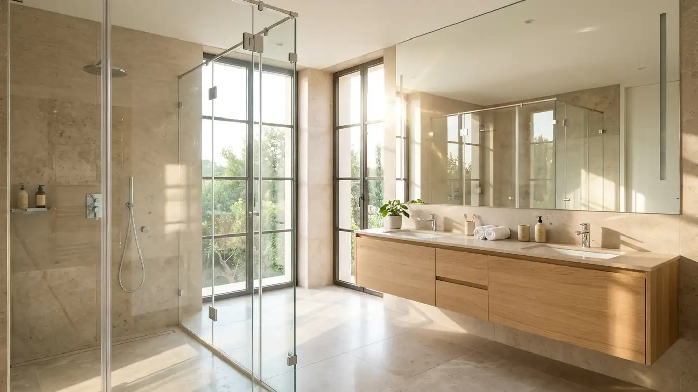 Glass and shower door gallery | Music City Glass A bright finished bathroom with a large frameless glass shower enclosure, a floating double vanity with a big mirror and tall windows
