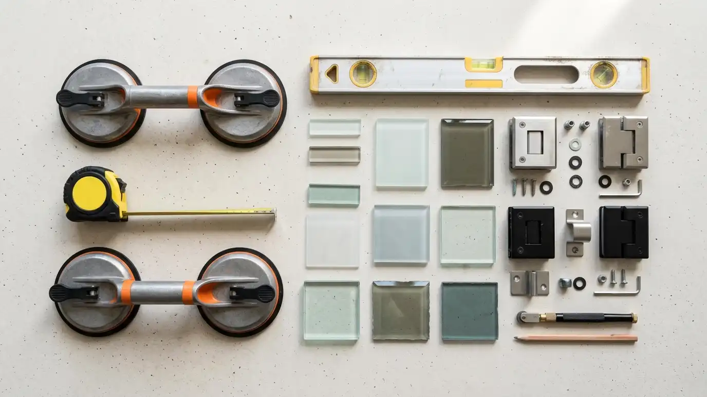 A flat lay of glass work tools and samples on a light floor