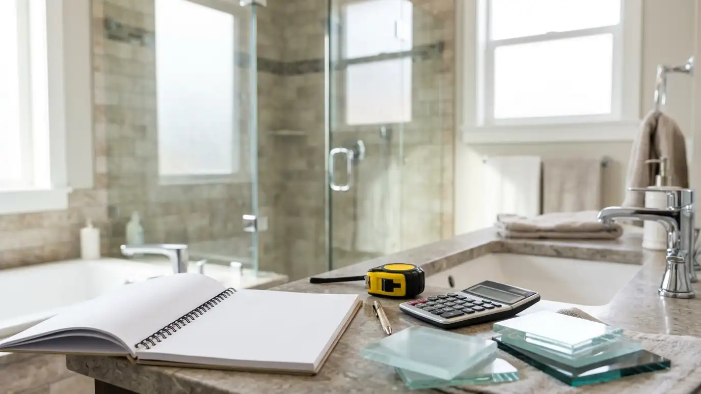 Glass and shower door tools and calculators | Music City Glass A bathroom vanity with an open notebook, a calculator, a tape measure and glass samples beside a glass shower enclosure