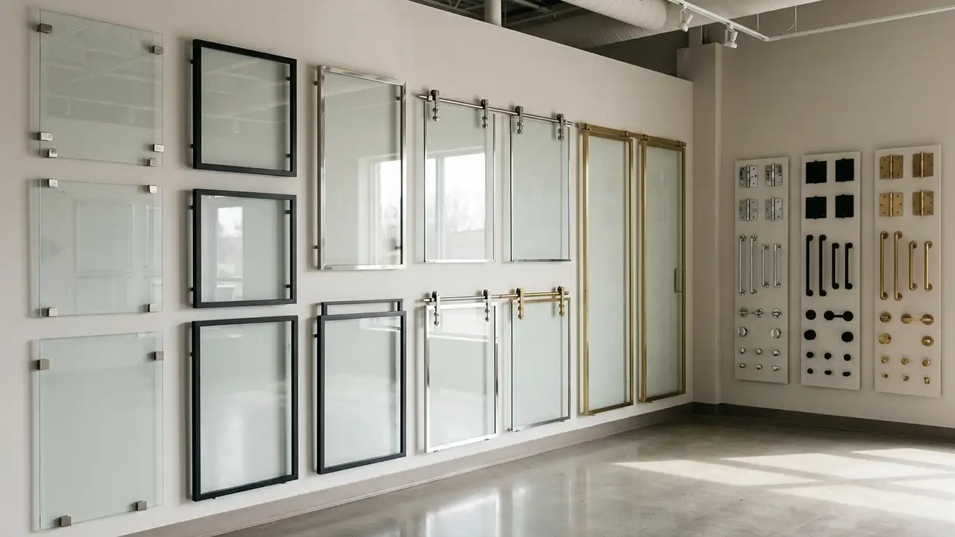 A showroom wall of framed and frameless glass door and panel samples beside displays of chrome, black and brass hinges and handles
