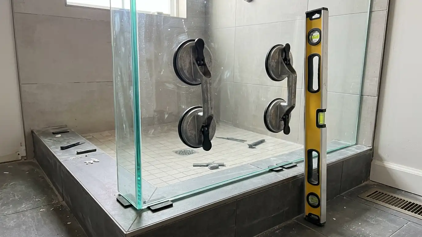 A large clear glass panel held upright with suction lifters at a shower curb with a level beside it