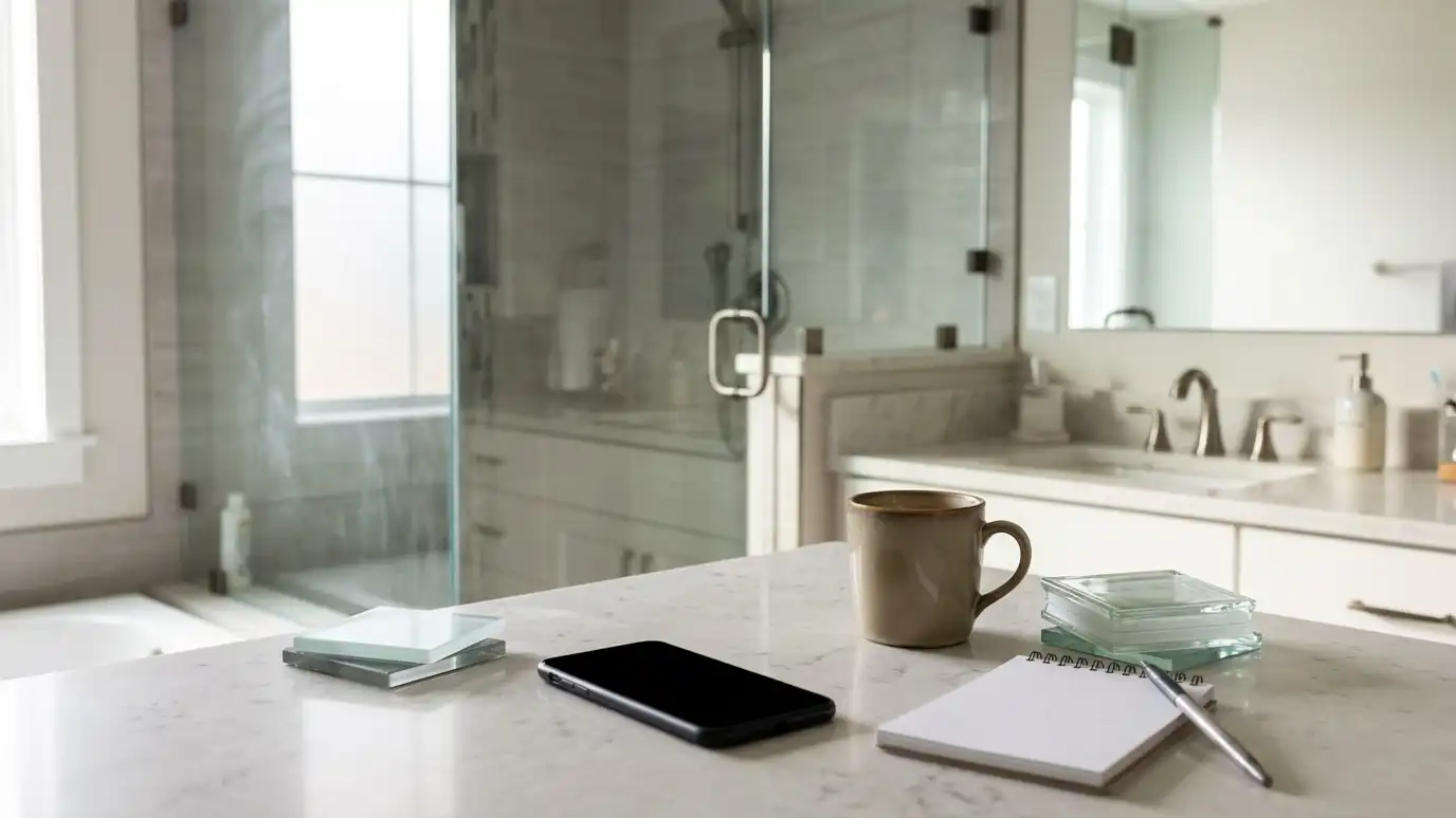 A bathroom vanity counter with a coffee mug, a smartphone, a notepad and glass samples with a glass shower behind