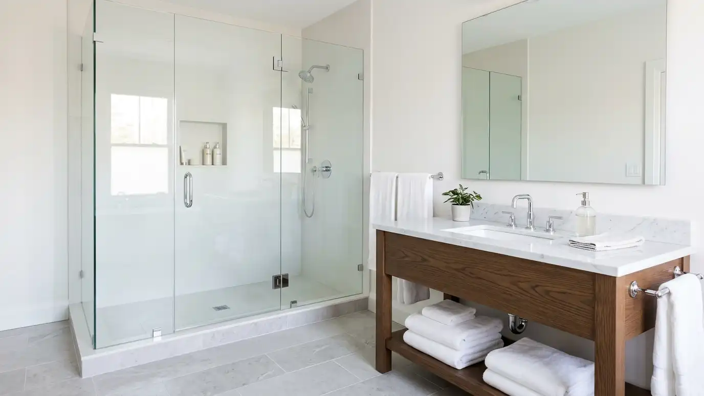 A finished spotless bathroom with a crystal-clear frameless glass shower door and neat white towels