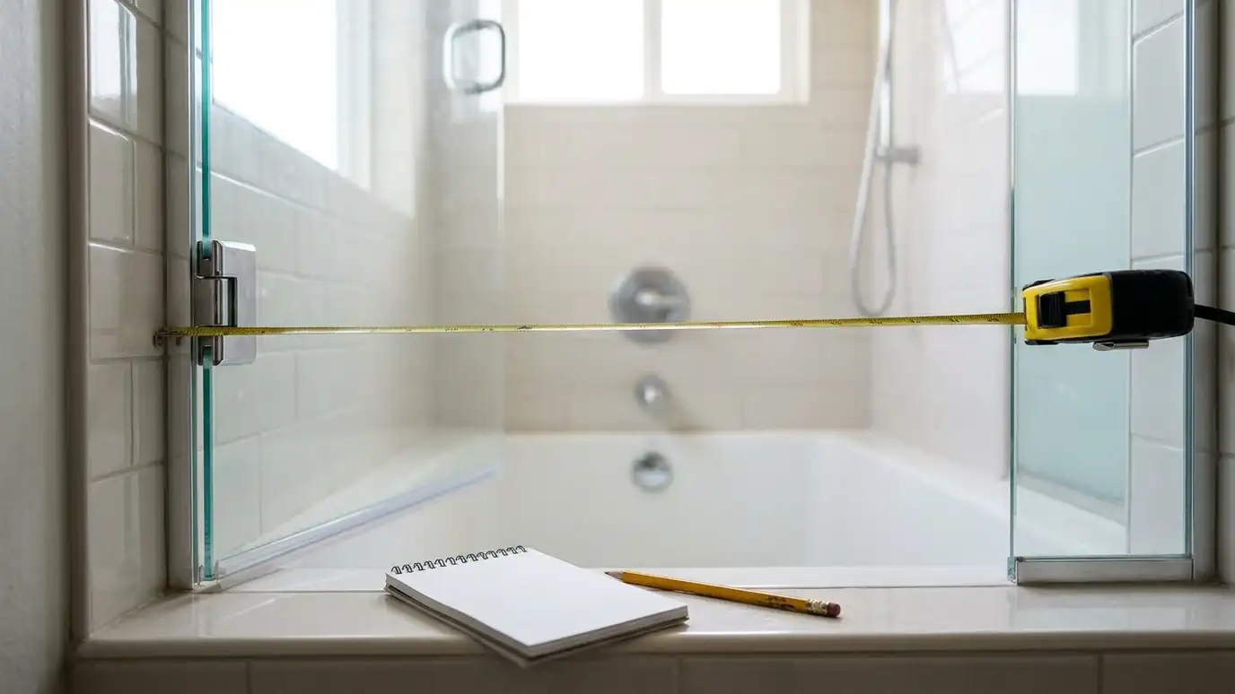 A tape measure stretched across a shower opening with a pencil and a notepad on the tub edge