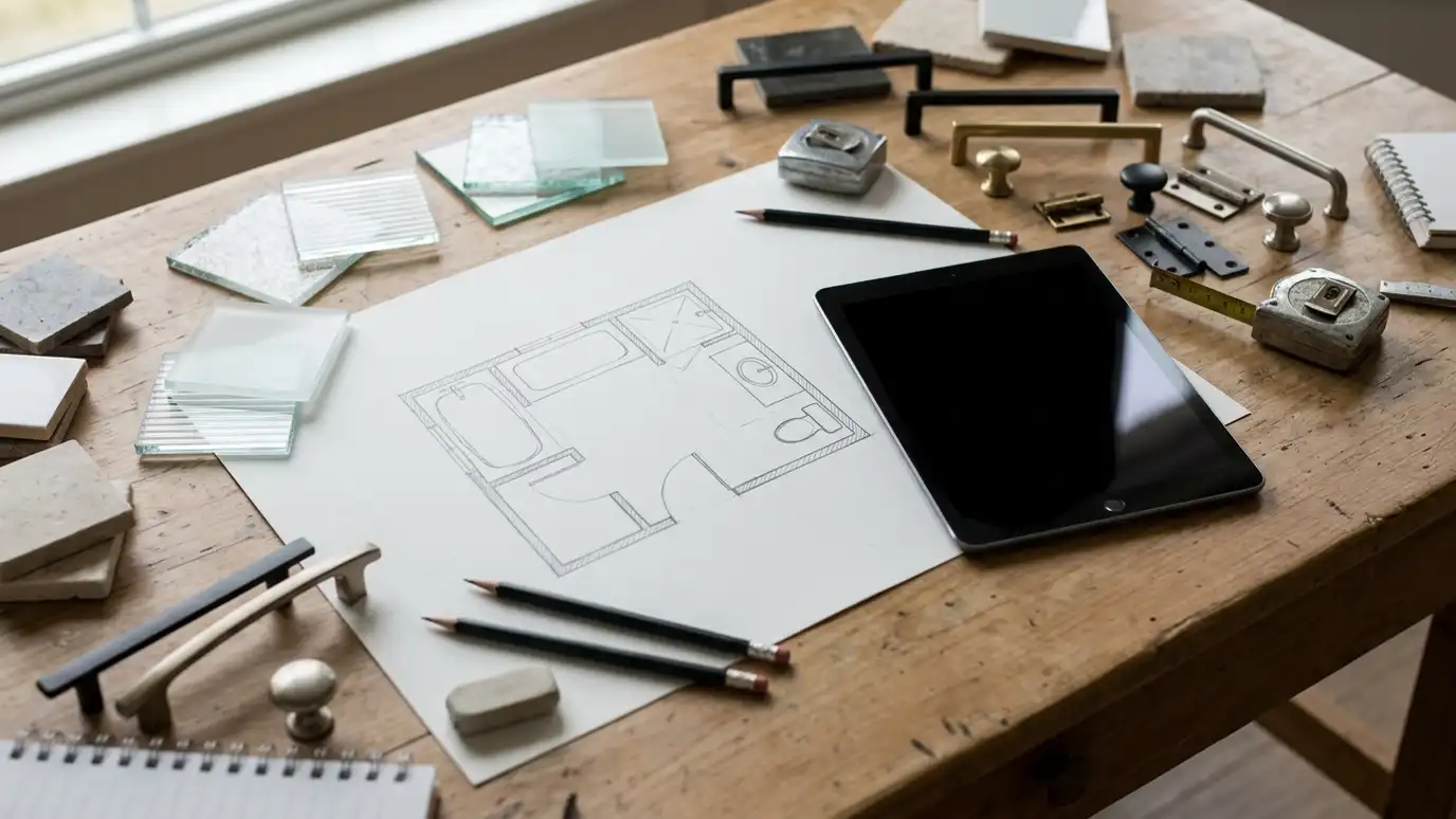 A table with glass and hardware samples, a floor plan sketch and a tablet
