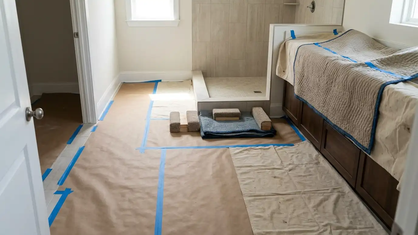 A bathroom prepared for glass delivery with floor protection, a covered vanity and padded blocks staged by the shower