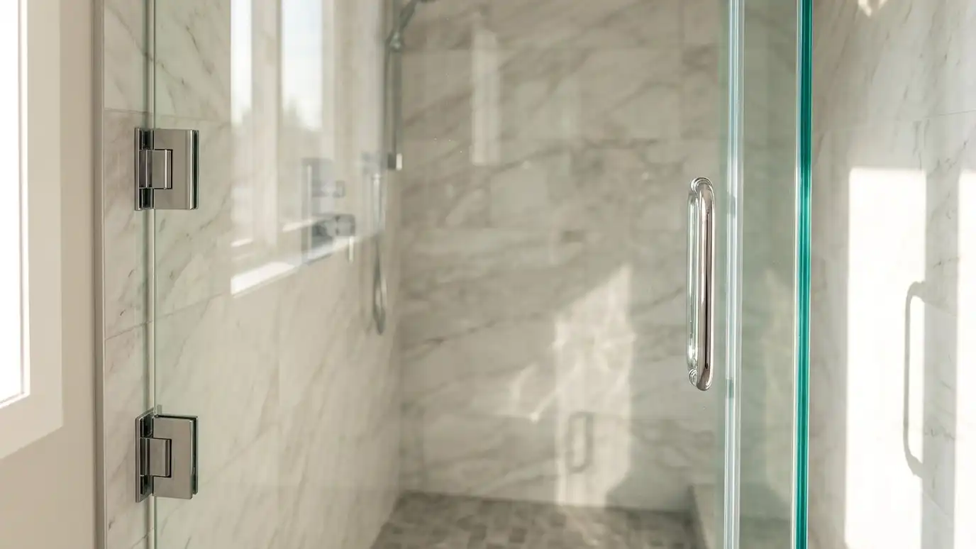 A frameless clear glass shower door with polished chrome hinges and a modern handle on a tiled shower