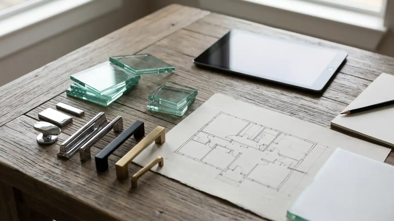 A table with glass samples, hardware swatches in chrome, black and brass, a floor plan sketch and a tablet