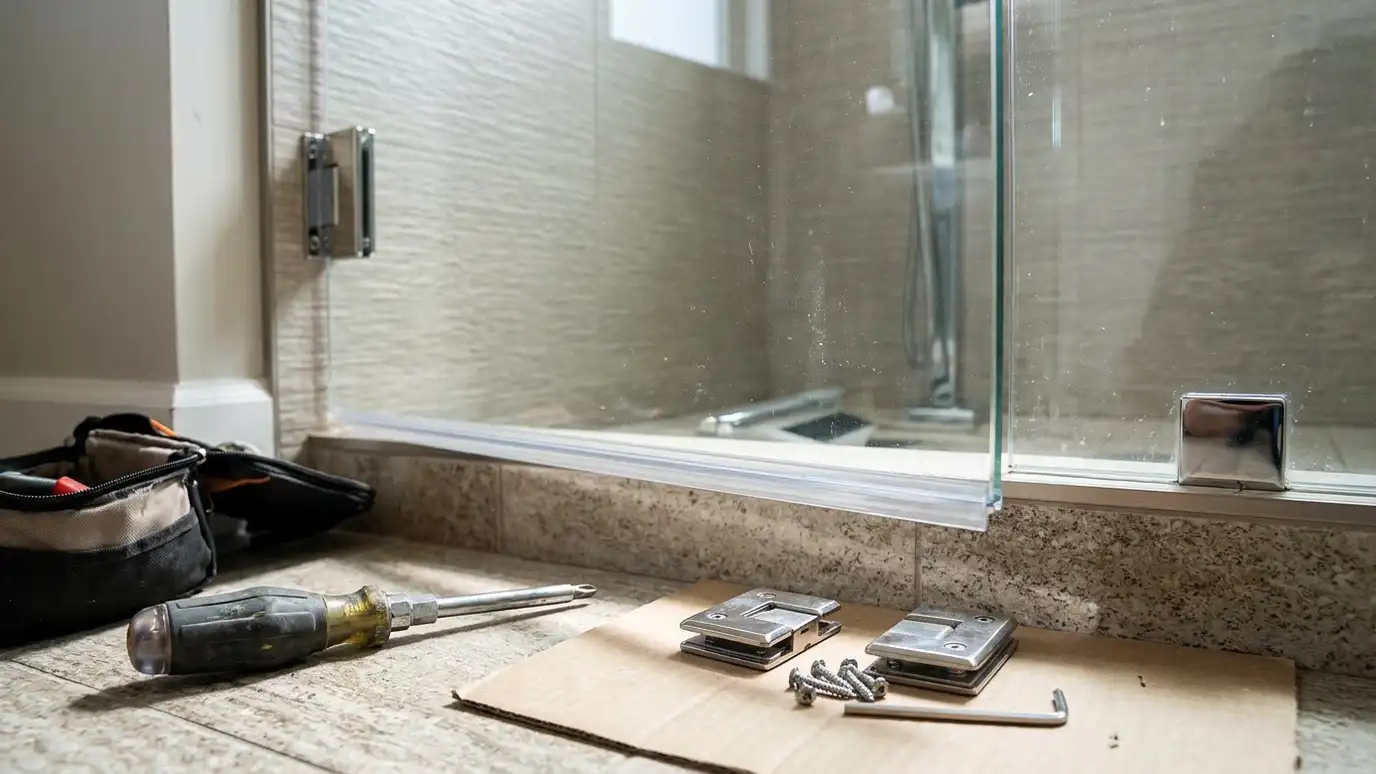 A glass shower door with new hardware and a technician screwdriver and spare hinges laid on the floor beside it